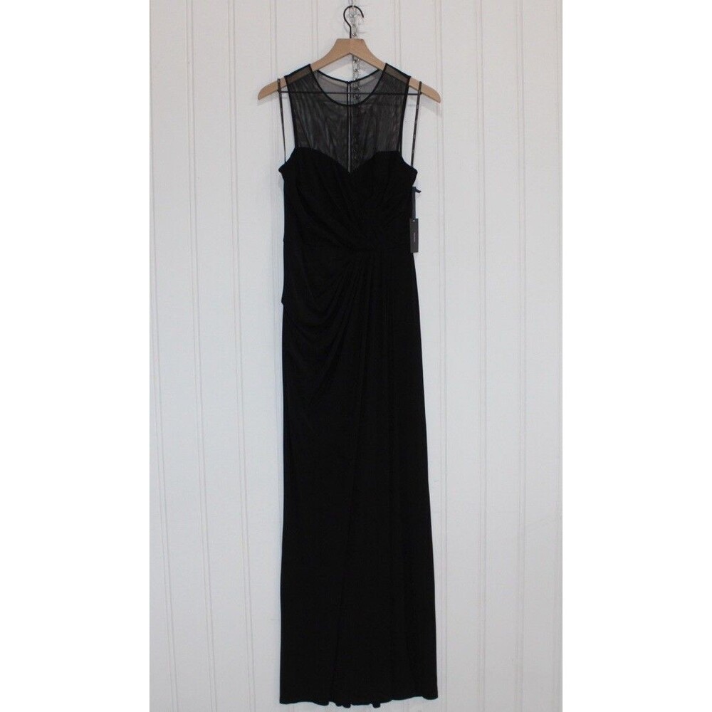 Vera Wang Black Illusion Mesh Neck Gown Ruched Evening Dress Size 6 Formal‎